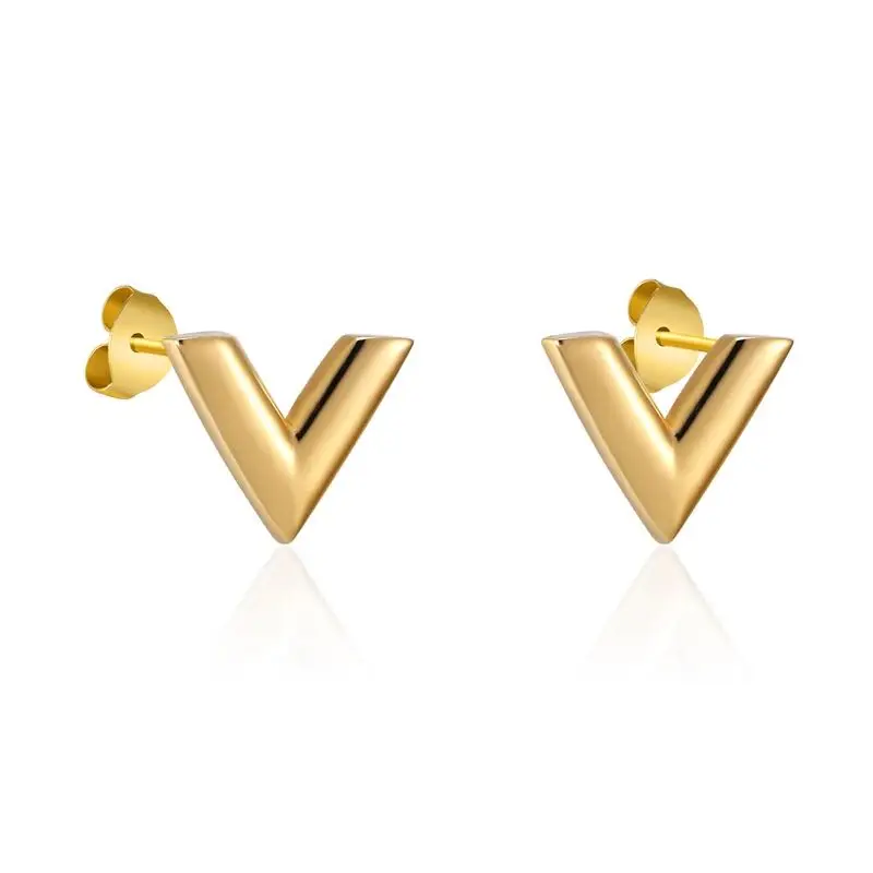 

Top Quality Titanium Steel Earrings New Arrivals Exquisite Stereoscopic V Letter Pattern Stud Earrings For Women