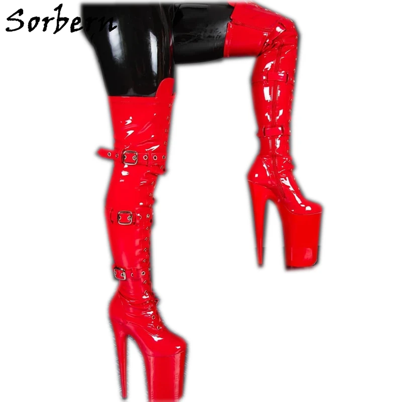 Sorbern/эластичные матовые ботфорты выше колена из искусственной кожи; высокие сапоги до бедра на заказ; Shalft; Длина 20 см/10 см; обувь на толстой платформе и высоком каблуке-шпильке - Цвет: Red Shiny