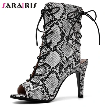 

SARAIRIS Sexy Ins Ladies Summer Sandals Sanke Print Lace Up High Heels Sandals Women High Top Fashion Shoes Woman