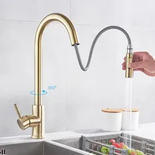 Gold Brushed Kitchen Faucet Hot Cold Water Pull Out Deck Mounted Sink Mixer Tap 360 Rotation Stream Sprayer Head Chrome Black