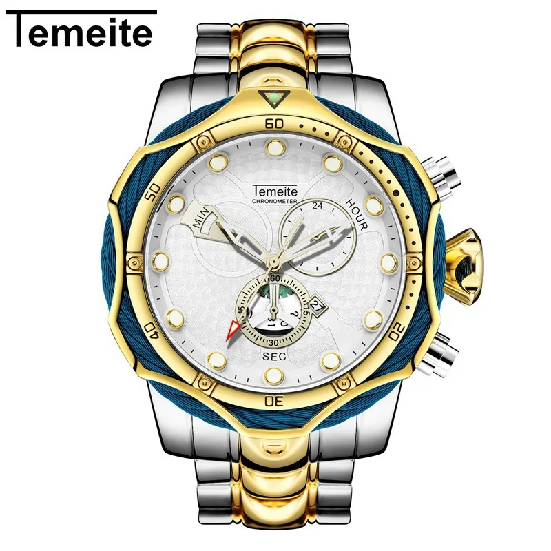 silver gold white TEMEITE Брендовые мужские часы с большим циферблатом роскошные мужские наручные кварцевые часы из нержавеющей стали водонепроницаемые мужские часы с украшением - Цвет: silver gold white