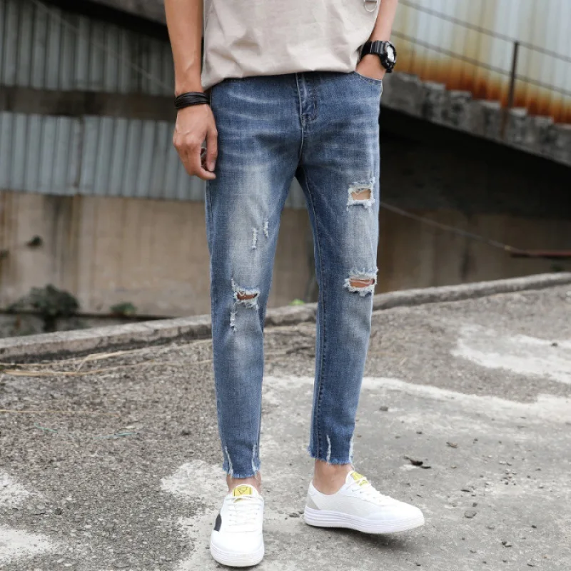 

Korean-style Blue with Holes Denim (Ankle-length Pants) Men Medium Waist Elasticity Slim Fit Skinny Pants Slimming Pants