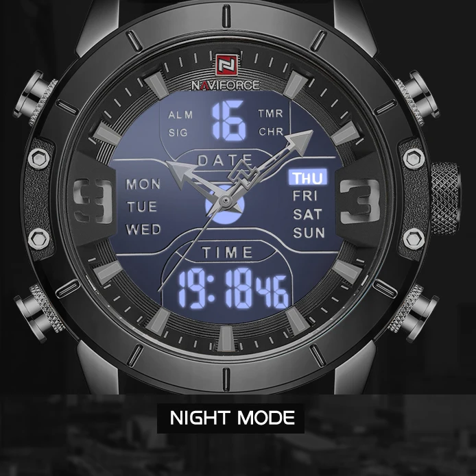Для мужчин лидирующей марки Элитный бренд NAVIFORCE Для мужчин кожаные мужские кварцевые часы Аналоговые светодиодный цифровые часы Водонепроницаемый военные наручные часы