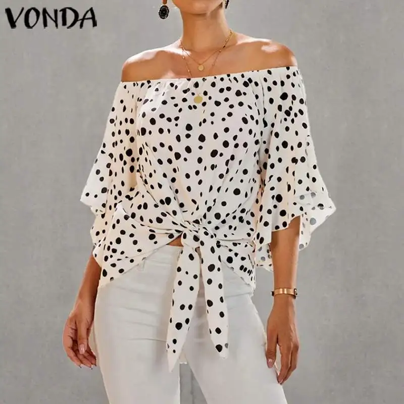 Женские блузки с принтом VONDA винтажные открытыми плечами и в горошек богемные