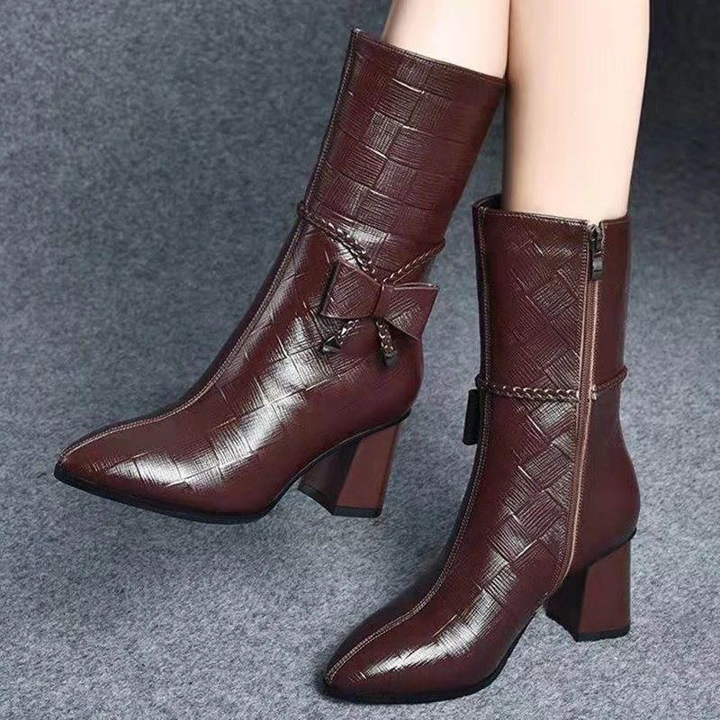 PROD 1005003368182111 Rimocy 2021 Bow Thick High Heels Women Boots
Autumn Winter Pointed Toe Mid Calf Boots Woman Side Zipper Pu Leather
Shoes Female