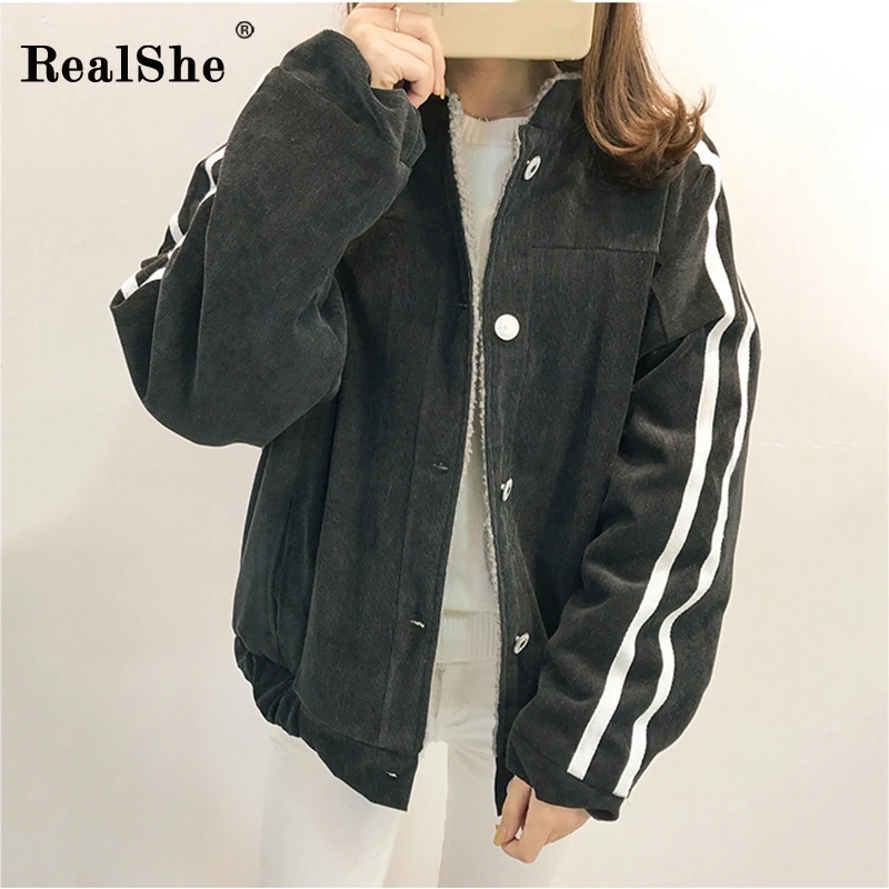 RealShe Women Denim Jacket Lapel Long Sleeve Buttons Striped Wool Plus Size Coat Autumn Winter Casual Femme | Женская одежда