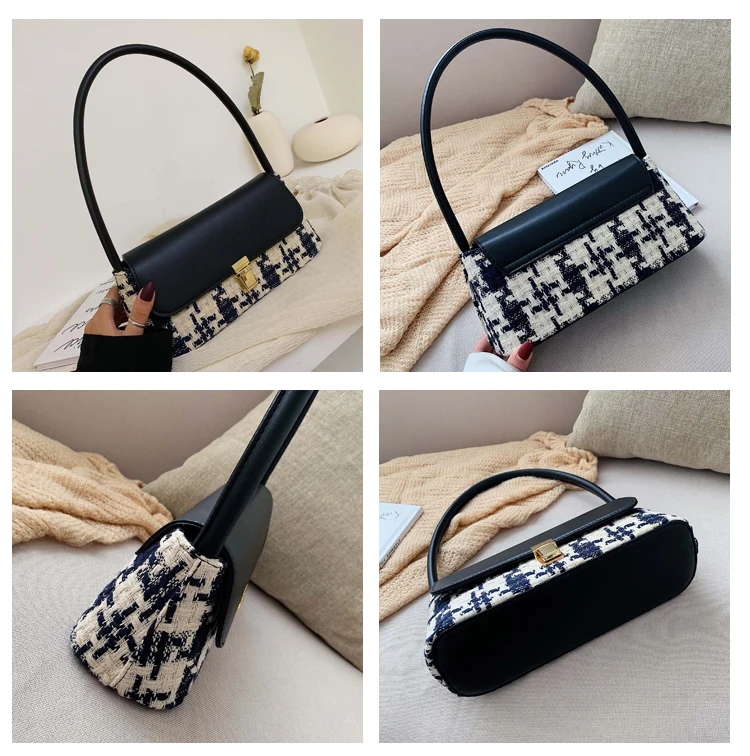 Winter Wool Plaid Small Shoulder Bag for Women Modern Handbags Mini Baguette Bags PU leather Lock Tote Black White Red Green Bag (4)