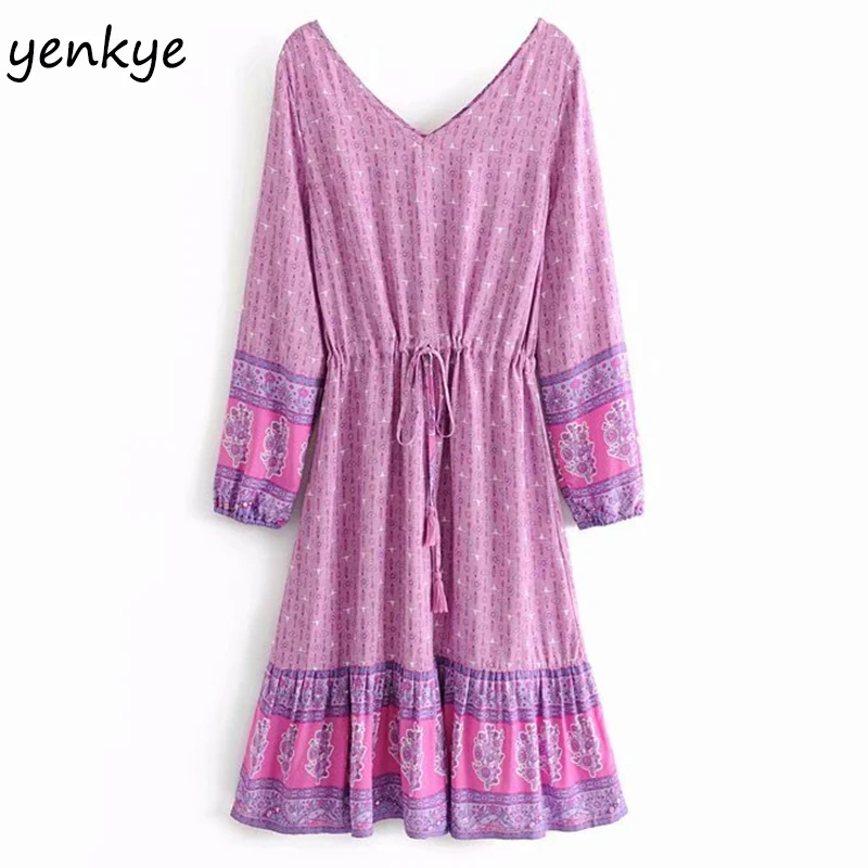 

2019 Women Vintage Floral Print Long Sleeve Dress Lady V Neck Drawstring Waist A-line Casual Autumn Dress DJF8513