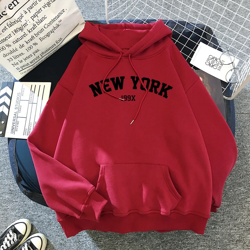 NEW Sweatshirts velvet winter Women's NEW YORK printing Hooded Female 2020 Cotton Thicken Warm Hoodies Lady Autumn Tops