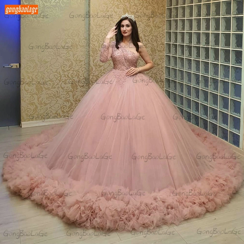 Luxury Pink Prom Gowns One Shoulder 2021 Vestidos De Fiesta Lace Up Beaded Tulle Ball Gown Women Dresses Party Vestidos Formales dark green prom dress