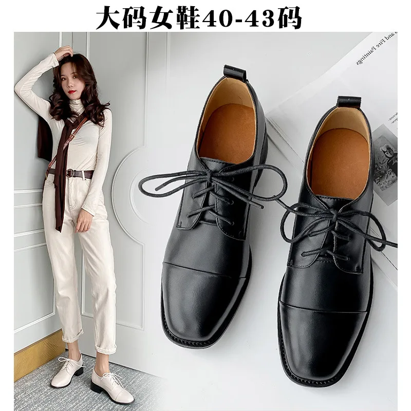 

2020 New Style Spring Versatile Square Head Lace-up Chunky-Heel Large Size 40 Shoes Women's Small Leather Shoes 33 Small WOMEN'S