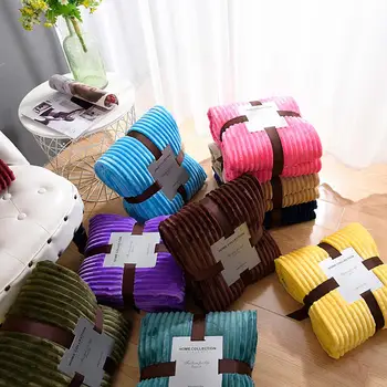 

Striped Flannel Blankets For Beds Solid Coral Fleece Throw Winter Bed Linen Sofa Cover Bedspread Soft Fluffy Blankets