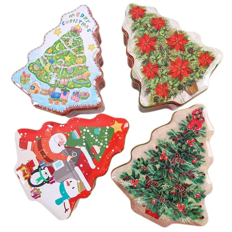 

Christmas Tree Shape Tin Sealed Jar Jewelry Biscuits Coin Candy Storage Box Container Case Headphones Organizer