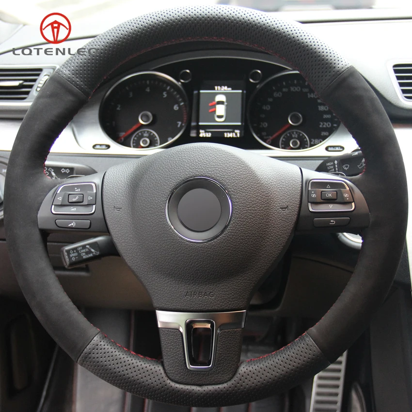 Lqtenleo Black Genuine Leather Suede Diy Car Steering Wheel Cover For