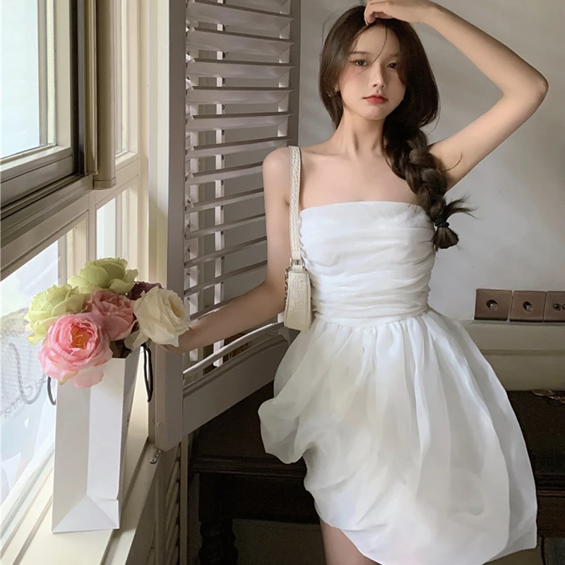 Sleeveless Mesh Solid Dress Female 2021 Summer Elegant Mini Dress Korean Sweet Women Casual Evening Party Kawaii One Piece Dress