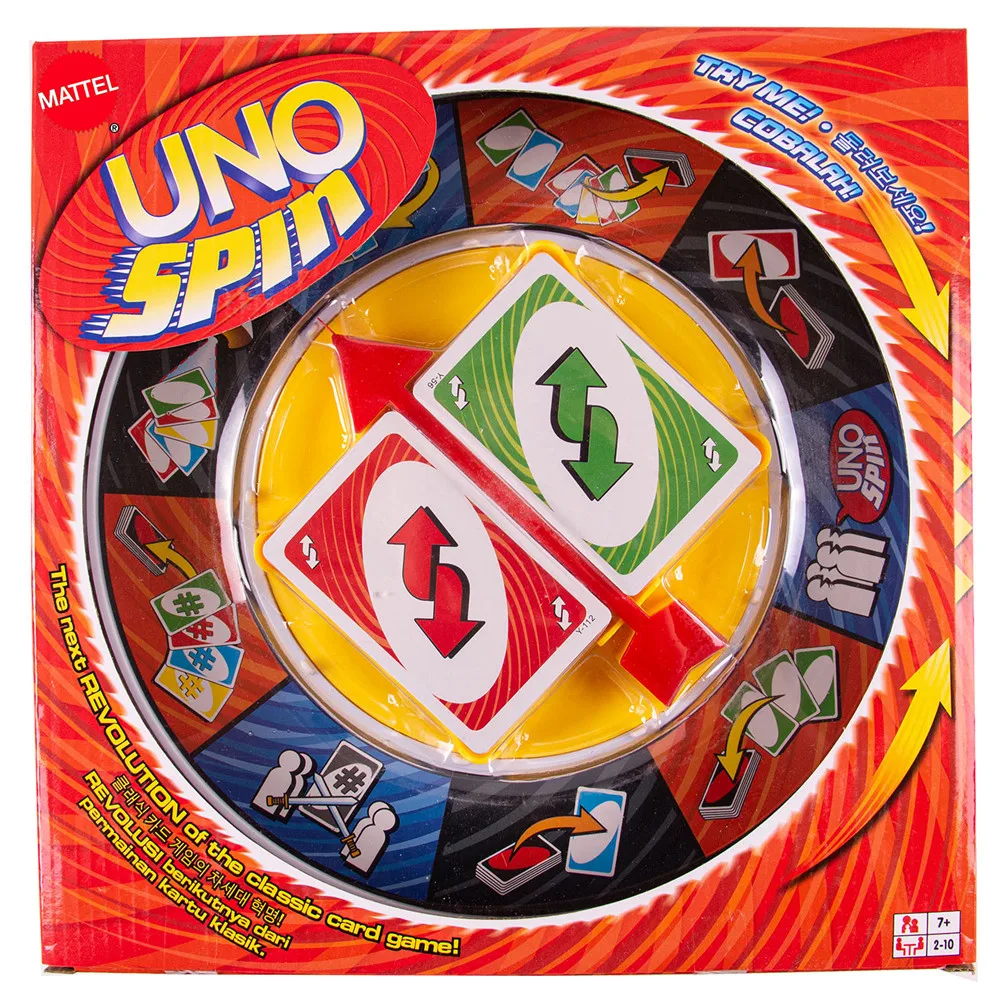 Mattel Games UNO SPIN family gathering board game spin licensing game. Contains two sets of uno cards game afbeelding