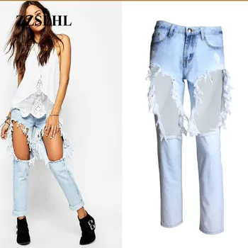 

100% Cotton Jeans Vintage Hole Light Blue Jeans Woman 2020 Spring & Summer Style Fashion Tassel Denim Pants Female Jean