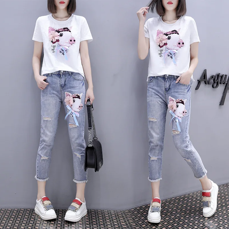

Ozhouzhan 2019 Summer New Style Korean-style Printing Short-sleeved T-shirt + with Holes Jeans Two-Piece Set European Goods WOME