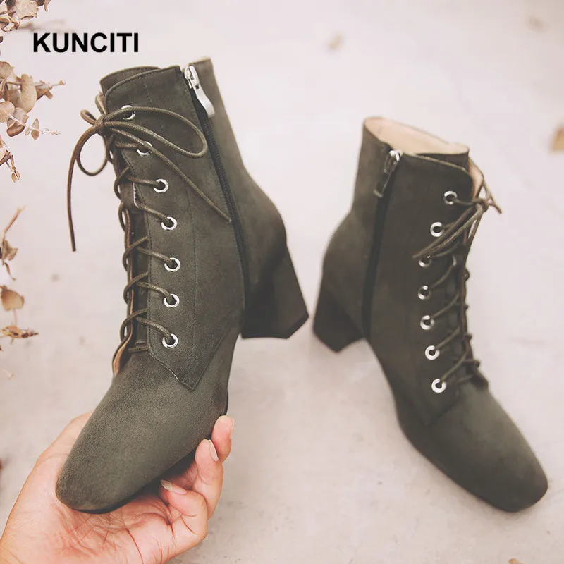 

2019 KUNCITI Boots Women Sexy Lace Up Chunky High Heel Ankle Boots Square Toe Ladies Autumn Flock Shoes New Designer D9197