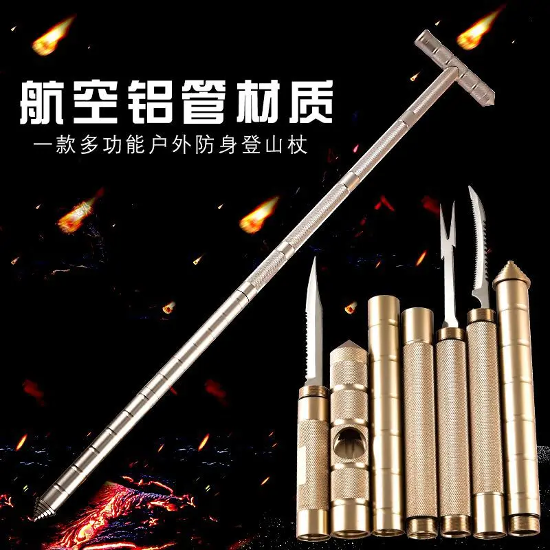 

7 in 1 multi-functional outdoor tools stainless sword knife saw Walking Sticks compass fork whistle bottle opener sickle