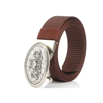 

Western Retro Auto Wolf Design Gold Sliver Plated Canvas Men Belt Fashion Outdoor Nylon Jeans Causal Pants Men Belt