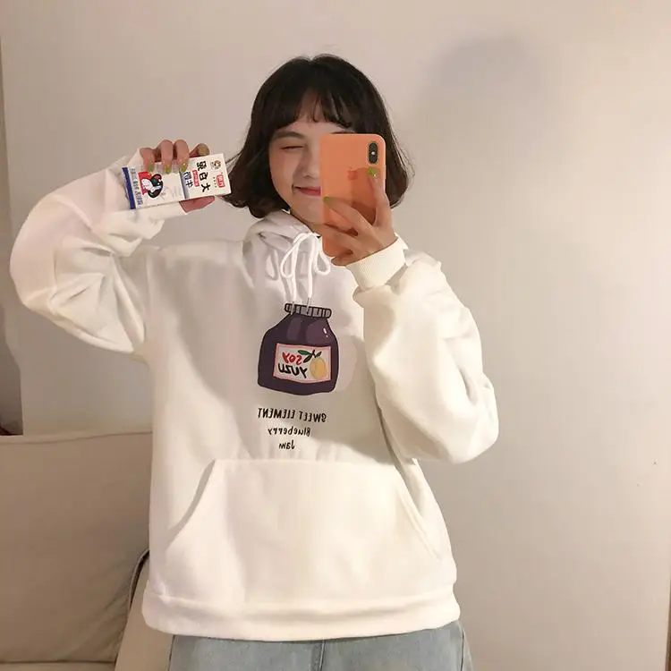 Белый 4 цвета Новинка Harajuku толстовки с капюшоном женские Kawaii мультфильм закуски плюс бархат хлопок пуловер негабаритных женщин толстовка - Цвет: Белый