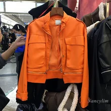 Orange Leather Jacket Women Spring Fall New Patchwork Zipper Short Top Female Cool Motorcycle Coat Black Pu Jackets Nancylim