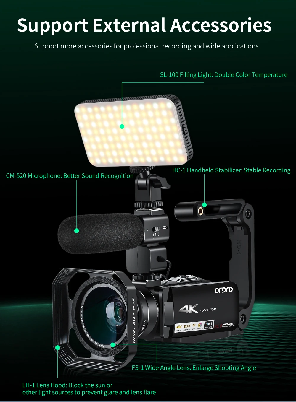 ORDRO 4K видеокамера 10X оптический зум видеокамера WiFi 3,1 ''ips экран с микрофоном широкоугольный объектив