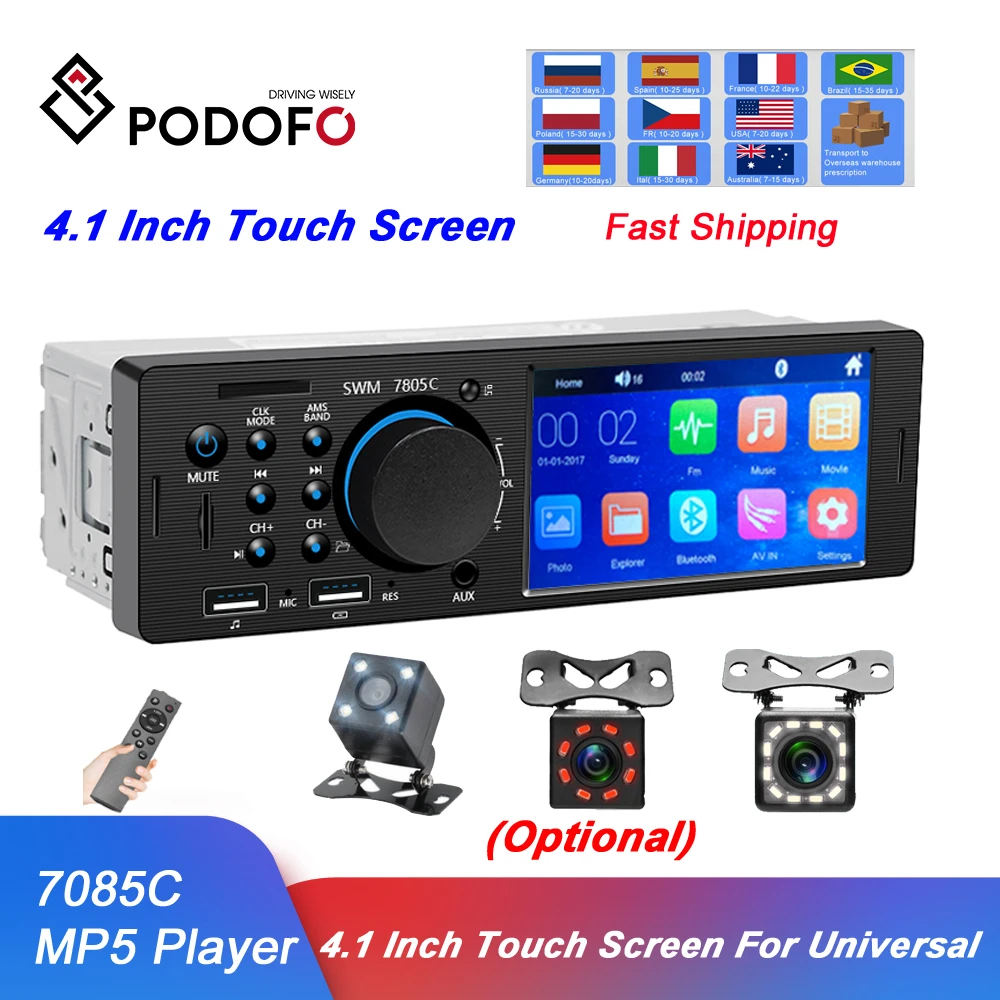 Podofo Car Radio 1Din 4.1 Inch Touch Screen Audio Video MP5 Player TF USB Fast Charging ISO Remote Head Unit Bluetooth Autoradio |