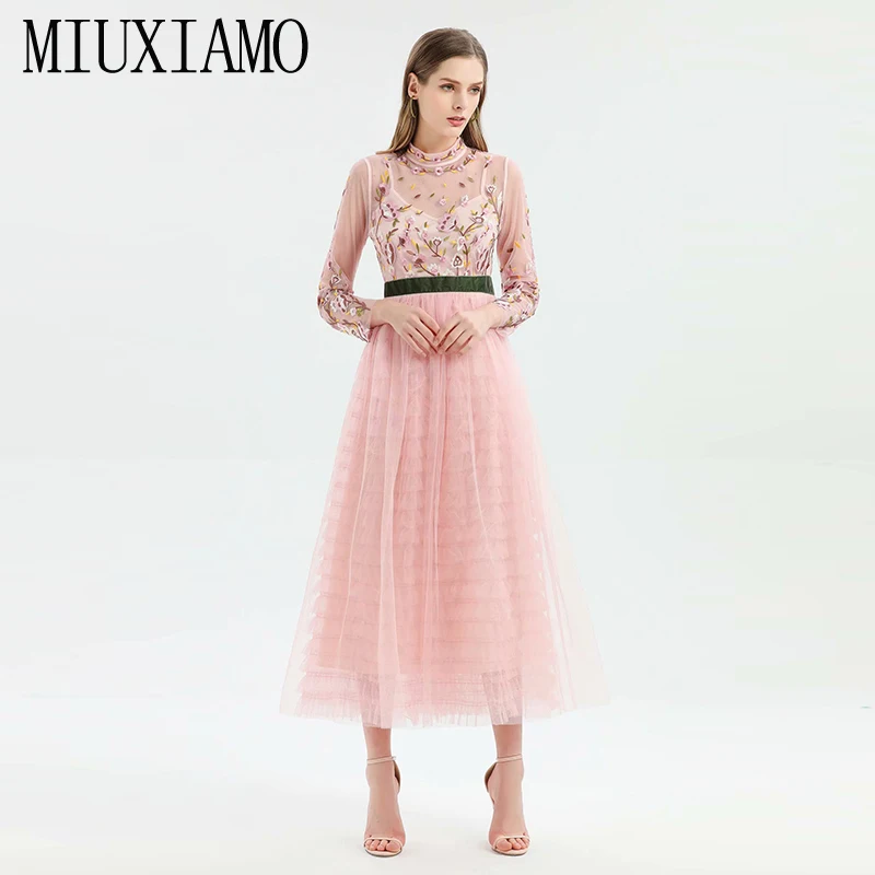 MIUXIMAO, высокое качество,, весеннее платье с цветочной вышивкой, роскошное, длинный рукав, марля, элегантное, повседневное, милое платье для женщин, vestidos