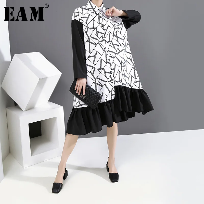 [EAM] Women White Pattern Printed Ruffles Big Size Shirt Dress New Lapel Long Sleeve Loose Fit Fashion Spring Autumn 2020 1Y922