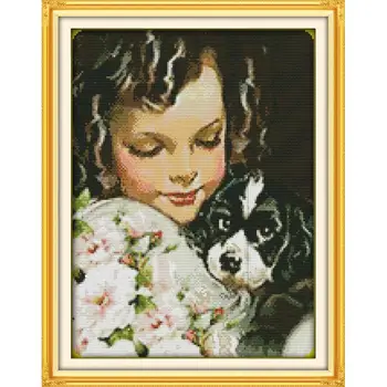 

Dog and Girl Cotton Canvas Cross Stitch Pattern Print Counting Patterns DMC Embroidery Sets Everything for Handmade Crib Kits