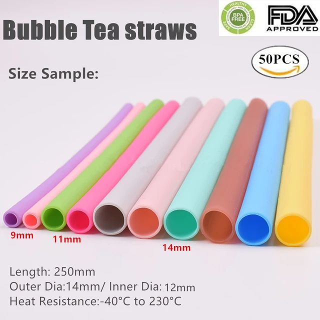 Premium Silicone Reusable Wide Smoothie Bubble Tea Drinking Straws, 15  Colours