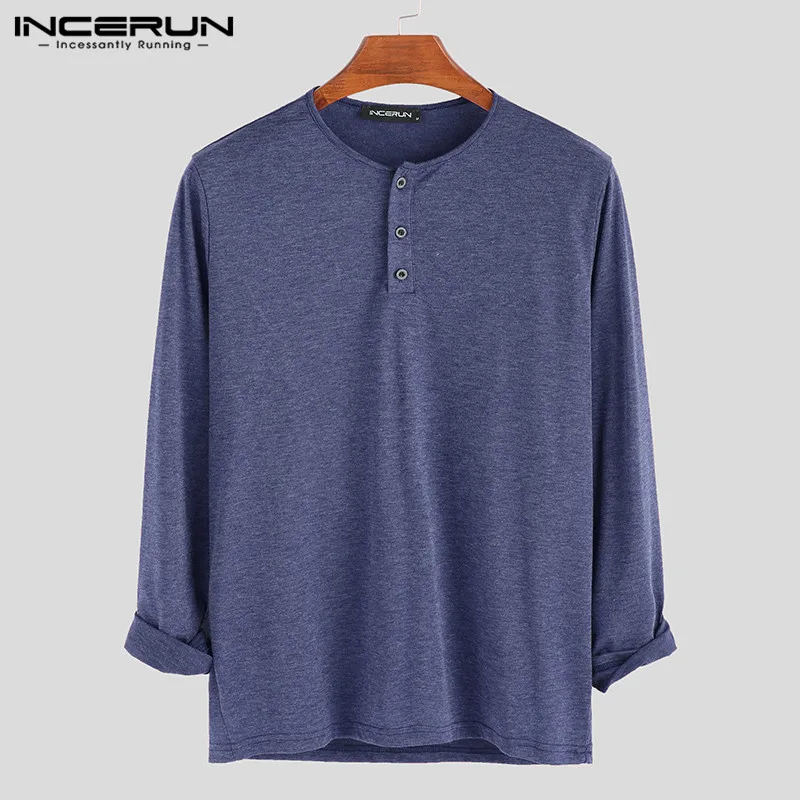 INCERUN, модная мужская футболка, хлопок, длинный рукав, для фитнеса, Круглый ворот, сплошной цвет, на пуговицах, повседневная, базовая, футболки для мужчин, s Camiseta Hombre - Цвет: Blue T Shirt