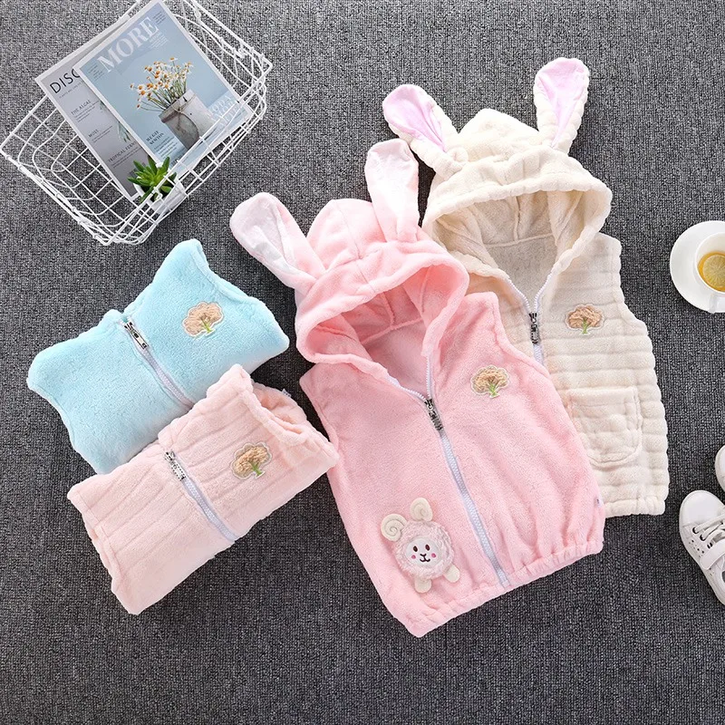 Пальто для маленьких девочек милый малыш дети ребенок От 2 до 6 лет осень зима мода кролик узор уши Мягкий теплый жилет с капюшоном