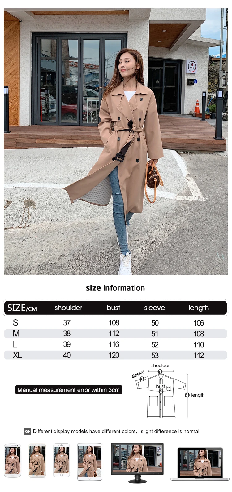 Fashion women solid loose comfortable trench new arrival autumn winter korean double breasted temperamental trend outerwear coat