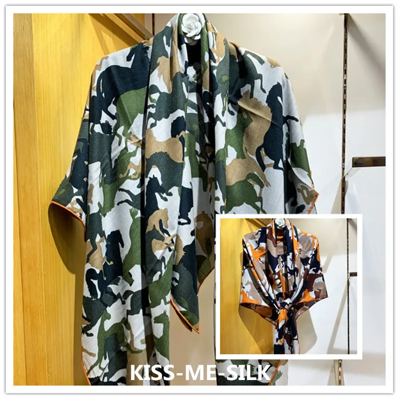 

KMS Camouflage Horse high quality silk cashmere big square scarf shawl fashion winter for women 135*135cm/155g