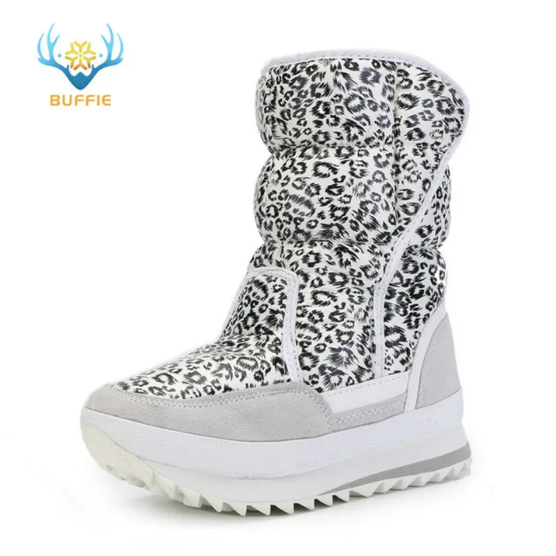 

Women White leopard female boots winter snowboot nice looking plus big size plush warm fur Rubber with EVA outsole high quality
