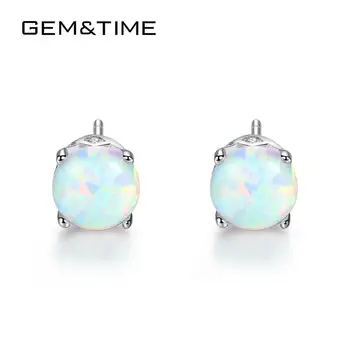 

Gem&Time Delicate Round White Opal Stud Earrings For Women Sterling Silver 925 Earrings Fine Jewelry Pendientes Mujer SE0278