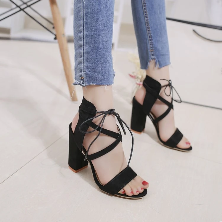 Plus-Size-Casual-Women-Pumps-Solid-Sexy-Sandals-Fashion-Flock-Lace-Up-8cm-Super-Thick-High
