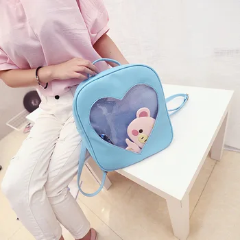 

Candy Color PU Leather Ita Bag DIY Transparent Love Heart Shape Backpack Kawaii Harajuku Schoolbags For Teenage Girls