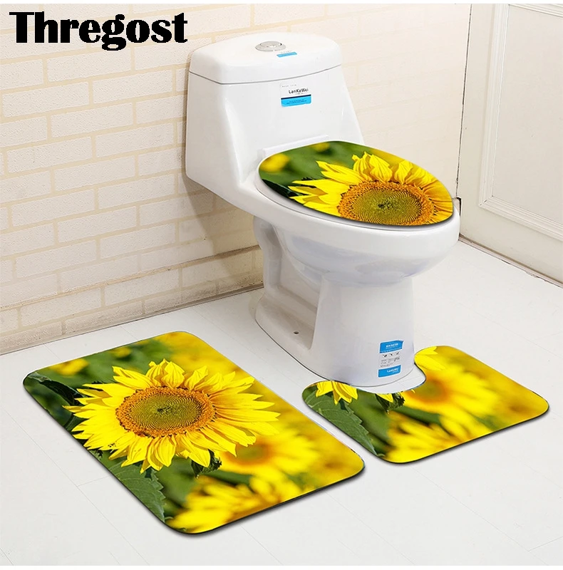 

3pcs Toilet Seat Cover Set Absorbent NonSlip Bathroom Rug Bath Mat Set Mat Flannel Floor Mats Scenic Printed Modern Floor Carpet