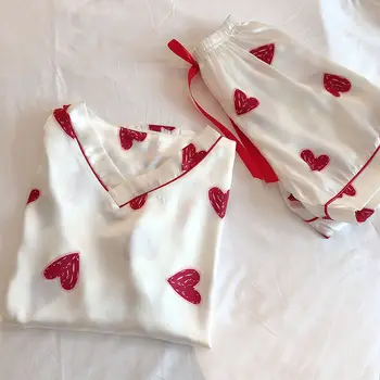 

Women Nightwear Pajama Set Home Clothes for Women Heart Print Pajamas Pijamas Women Summer V-Neck Pyjama Femme Ete Room Wear