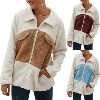 

Hot Casual Color Block Faux Fur Turn Down Collar Long Sleeve Jacket Winter Lady Zipper Coat Warm Zip Up All-match Faux Fur Coat