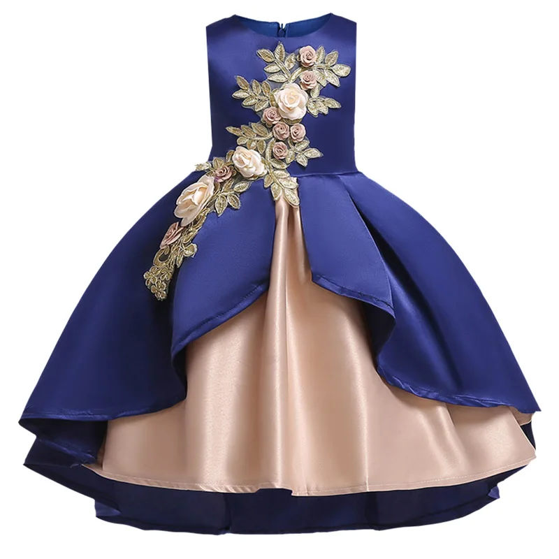 Dark blue Новинка года; платье с цветочным узором и шлейфом для девочек детское праздничное платье принцессы Детское платье для подиума детская одежда костюм с юбкой-пачкой для малышей - Цвет: Dark blue