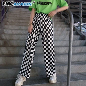 

LMCAVASUN White Black Plaid Vintage Trousers 2020 Harajuku Wide Leg Pants Fashion Causal High Waist Women Men Clothes