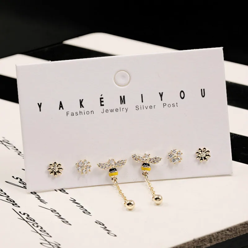 

3 Pairs Set 925 Sterling Silver Cute Earrings Girls Fashion Animal Fruit Mini Stud Earrings Butterfly/Bee/Pineapple/Cherry Shape