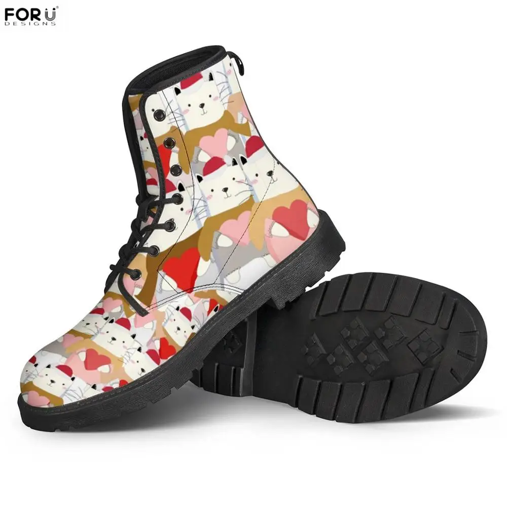 

FORUDESIGNS Cute Cartoon Cat/Kitten Print Woman Winter Boots Merry Christmas Pattern Lady Fashion Round Toe Boots Ankle Boots