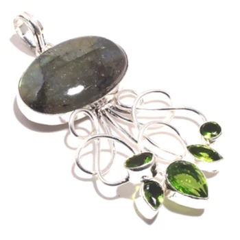 

Genuine Labradorite + Peridot Pendant Silver Overlay over Copper , Hand made Women Jewelry gift , P8404