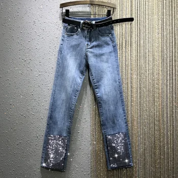 

European Straight Jeans Woman 2020 Spring Autumn New High-Waist Hot Drilling Denim Wide-Leg Cropped Pants Women's-Style Jeans